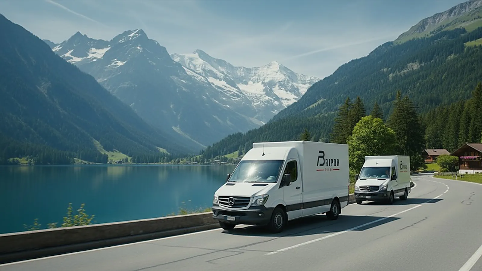 Two branded Baipor trucks on a road beside a mountain lake