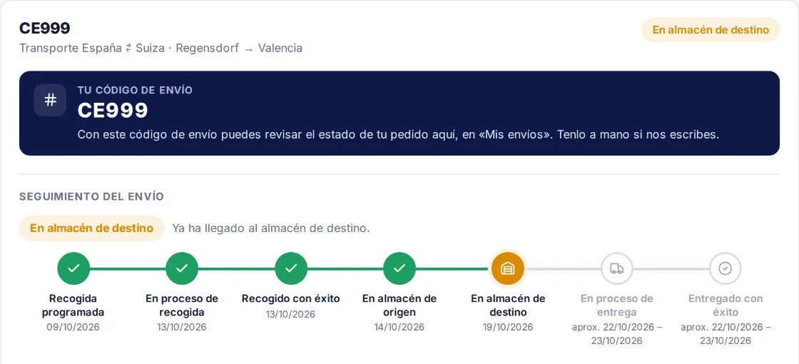 Example of order tracking in the customer portal: shipment CE999 is at the destination warehouse; it has already been collected and delivery is expected around 22–23 October.